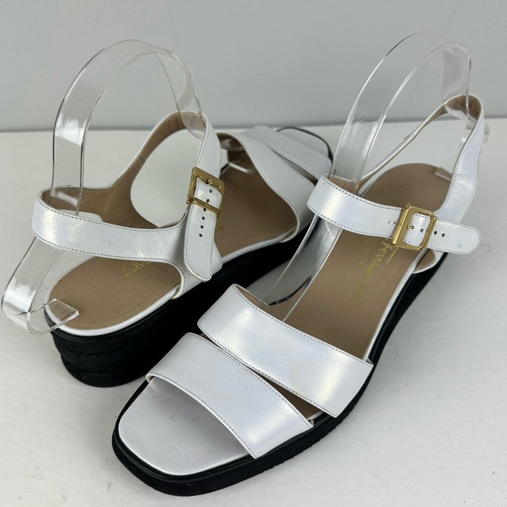 Salvatore Ferragamo White Leather Platform Sandals with Gold Buckles